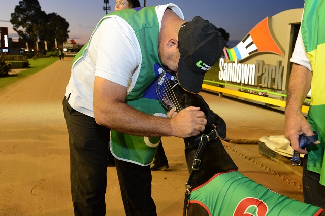 Anthony Azzopardi embracing Raw Ability following his 2017 Melbourne Cup heat win at Sandown Park. 