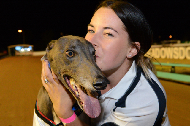 Barooga Brett receives a kiss from owner and trainer Brooke Ennis after their second Group 1 win at The Meadows.