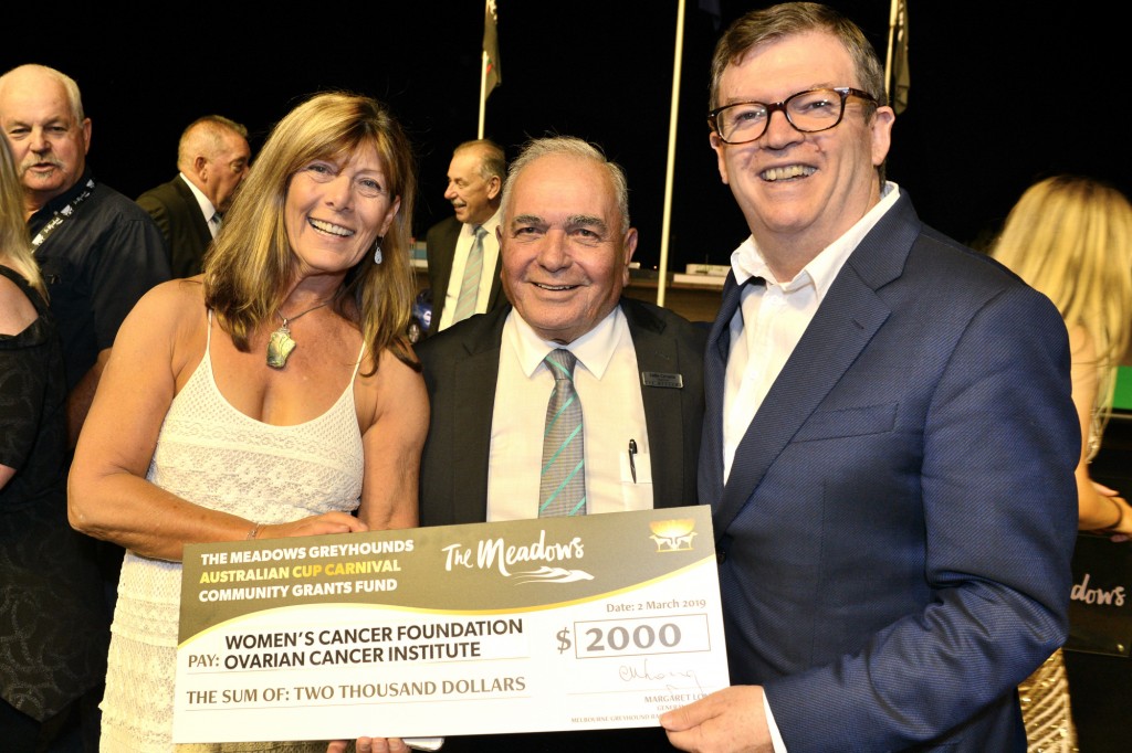 The Meadows' Chairman Eddie Caruana (centre) and Member for Broadmeadows Frank McGuire present Brite Services with a $10,000 donation.