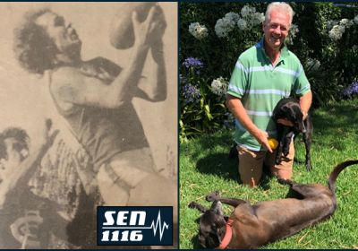 Noel Mugavin soars for a mark in his playing days at Fitzroy, and right with his former star Born Ali and one of her pups.