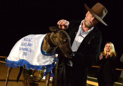 Dyna Patty and handler Tom Dailly after her Warrnambool Cup triumph.