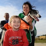 Wind Whistler, winner of the $12,000 Wimmera Distance Championship, with trainer Angela Langton and son Nicholas