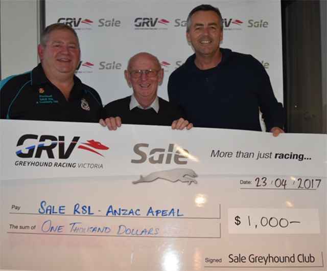(L to R) Geoff Newby, RSL Sale President; John Waugh, Sale Greyhound Racing Club President, and Darren Chester, MP for Gippsland.