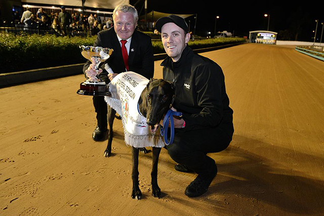 Bogie Bekim with trainer Ben Rawlings (right) and Sky Racing's Dave Carlson.