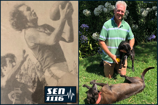Noel Mugavin soars for a mark in his playing days at Fitzroy, and right with his former star Born Ali and one of her pups.