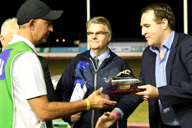 RSN’s Ron Hawkswell (centre) and Trent Masenhelder (right) present Jason Thompson with the Silver Bullet trophy.