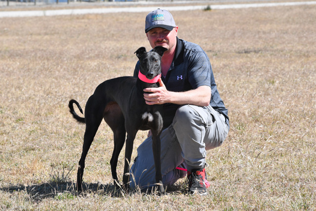 Chiquita Lass with new trainer Ray Henness, who purchased the greyhound on behalf of owner Con Dimopolous.