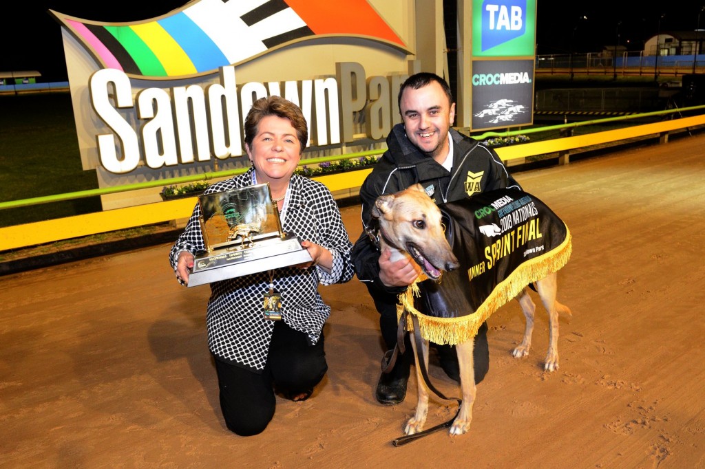 West On Augie with Linda Britton and Luke Townsend after their National Sprint victory at Sandown Park.