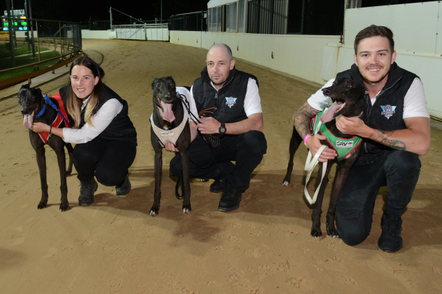 Ballarat Cup place getters - from left, Belt Up Bubbs and trainer Brooke Ennis, winner Aston Kimetto and Wayne Vassalo and second place getter D