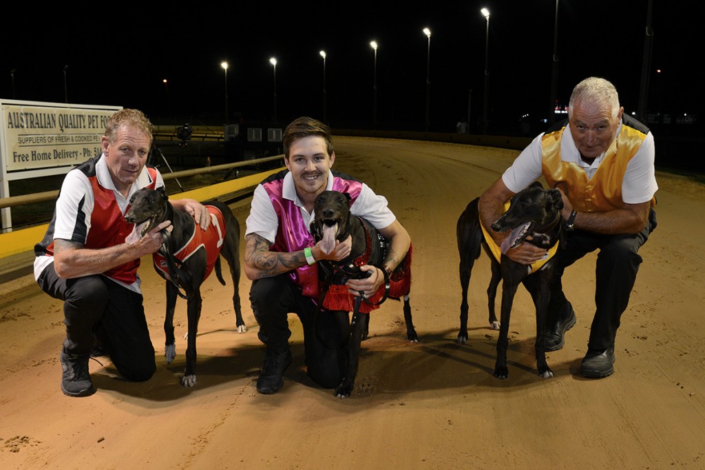 2019 Warragul Toyota Cup place getters. From left, Big Flood with handler Des Douch (3rd), Jake Collins with Dyna Hunter (1st) and Rocky Crisafi (2nd).
