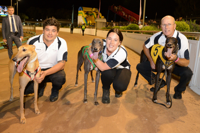 Group 1 Temlee place getters, from left; Correy Grenfell with Orson Allen (2nd), Brooke Ennis with winner Barooga Brett and Jeff Britton with Hasten Slowly (3rd).