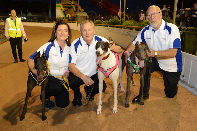 Zoom Top place getters; from left, Sarah Appleton with WA star Moment To Jive (3rd), Robert Britton with winner Tornado Tears and second place getter NSW stayer Blue Moon Rising.