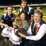 Joel Selwood and Tom Hawkins with Australian Cup winner Zara Zulu, trainers Ros Hume and Geoff Collins.