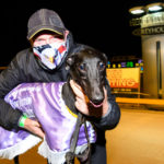 Coco Nova with trainer Darren Fisher after her win in the Doug Ferremi Damsels Dash.