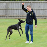 Jack Riewoldt playing fetch with a greyhound at Jason and Seona Thompson's property.