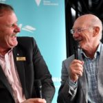 Emmett Dunne and former Richmond teammate Kevin Bartlett share a laugh at the 2018 Warrgaul Cup.