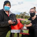 All Inn Billy with trainer Tony Duncan, Shae Van Tarling and the Waterloo Cup trophy.