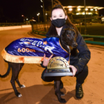 Collinda Patty with handler Holly Thompson after winning the 600m Speed Star