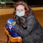 Mepunga Ruby with handler Angela Langton after her 725m Speed Star win.