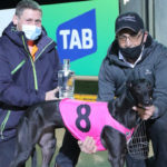 Avenger Lass with trainer Joe Borg (right) and Shaun Boag, Ballarat GRC's Track and Facilities Manager.