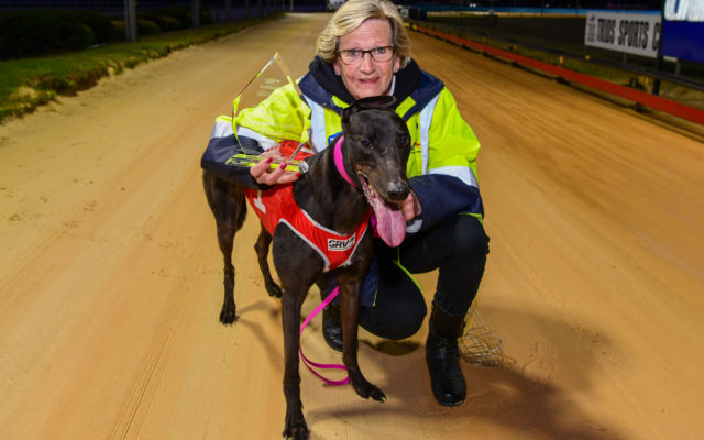 Aston Geneve and trainer Jacqueline Greenough after winning the Greyhound Clubs Victoria Special Event (311m).