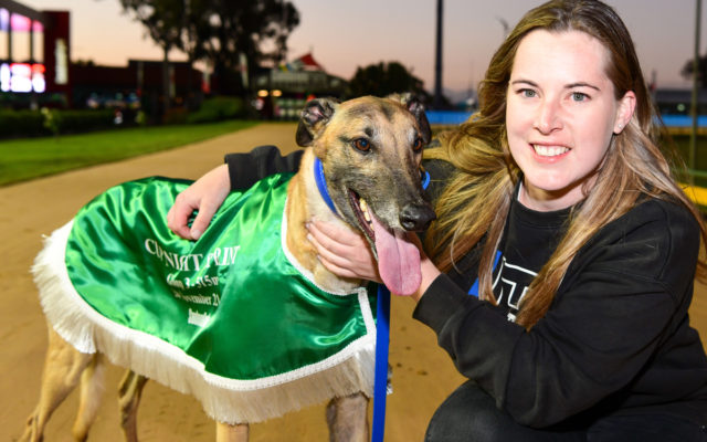Barooga Smoke with trainer Brooke Ennis after winning the Cup Night Sprint.