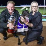 Aston Rupee with trainer Glenn Rounds and partner Vicki Wisener after taking out the Topgun